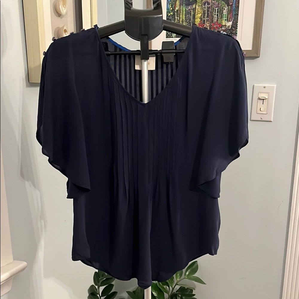 Anthropologie Maeve Navy Blue Maya Flutter Button Sleeve Top size 8